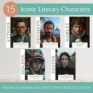 Classic Book Character Classroom Posters, Library Bulletin Board, English Classroom Library Poster Decor, High School English Class Decor