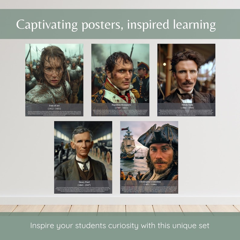 Pu&ograve; includere: Un set di cinque poster educativi con ritratti di personaggi storici: Giovanna d'Arco, Napoleone Bonaparte, Nikola Tesla, Henry Ford e Cristoforo Colombo. Ogni poster include il nome e le date del soggetto. Il testo "Captivating posters, inspired learning" &egrave; in alto.