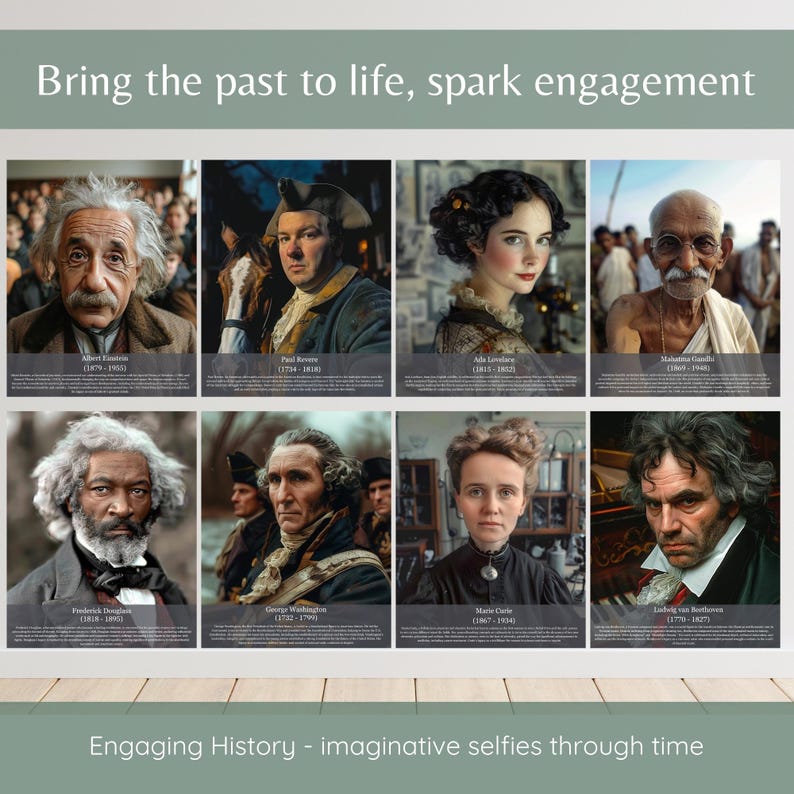 Pu&ograve; includere: Una collezione di otto stampe di ritratti con personaggi storici come Albert Einstein, Paul Revere e Marie Curie. Ogni ritratto include il nome e le date della persona. Il testo "Bring the past to life, spark engagement" &egrave; in alto.