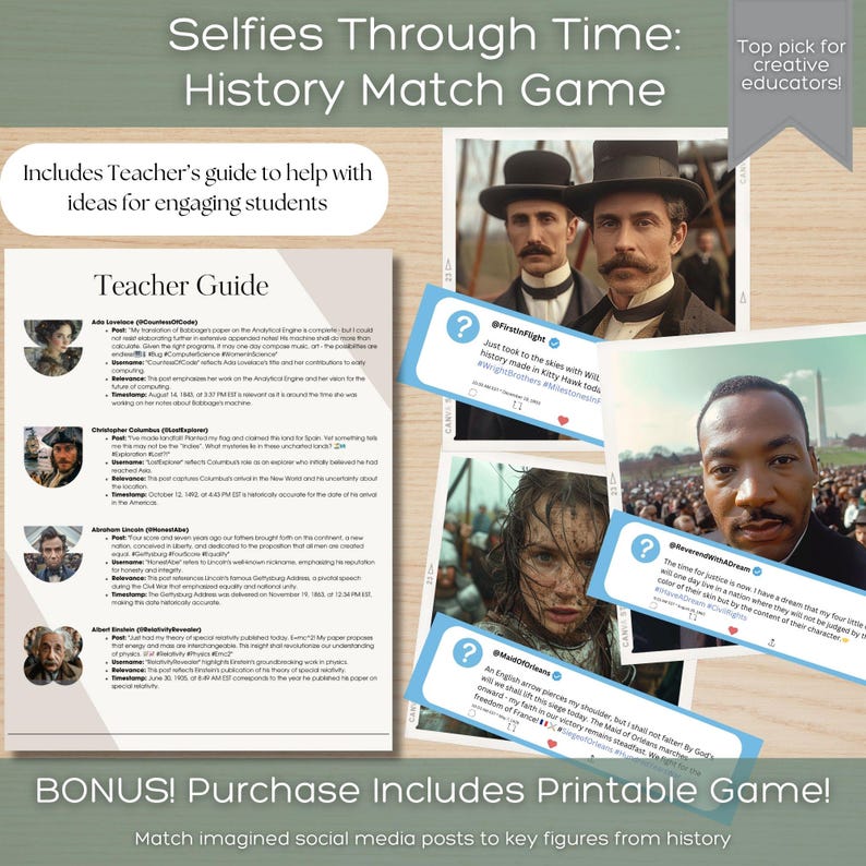 Pu&ograve; includere: Un gioco di abbinamento storico intitolato "Selfies Through Time". Il gioco include una guida per l'insegnante e presenta post immaginari sui social media di personaggi storici. Il gioco include immagini di personaggi storici e testo.