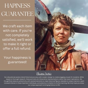 Pu&ograve; includere: Un poster in stile vintage con un ritratto di una donna con una giacca di pelle, con un'elica di aereo sullo sfondo. Il poster include il testo "HAPPINESS GUARANTEE" e una garanzia di soddisfazione.