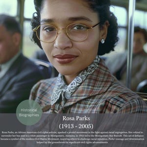 Pu&ograve; includere: Un ritratto di Rosa Parks, attivista afroamericana per i diritti civili, con occhiali con montatura dorata e una camicetta fantasia. L'immagine include il testo "Rosa Parks (1913-2005)" e descrive il suo ruolo nel movimento per i diritti civili.
