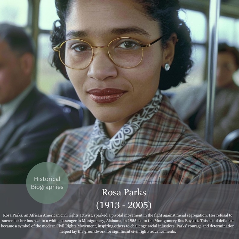 Pu&ograve; includere: Un ritratto di Rosa Parks, attivista afroamericana per i diritti civili, con occhiali con montatura dorata e una camicetta fantasia. L'immagine include il testo "Rosa Parks (1913-2005)" e descrive il suo ruolo nel movimento per i diritti civili.