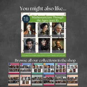 May include: A collection of historical posters featuring portraits of mathematicians, with the title "Mathematicians Through the Ages (part II)". The image includes six printable sizes: 8.5x11, 11x14, 16x20, A2, A3, and A4. Additional historical figures are also shown.
