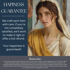 May include: A portrait of a woman with long brown hair and green eyes, wearing a white and gold draped garment. The image includes text that reads "Hapiness Guarantee" and "Your happiness is guaranteed!"