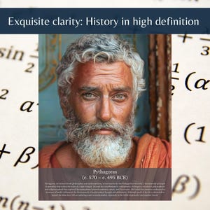 May include: A portrait of Pythagoras, a Greek philosopher and mathematician, with a gray beard and hair. The image includes text that reads "Exquisite clarity: History in high definition" and "Pythagoras (c. 570 - c. 495 BCE)."