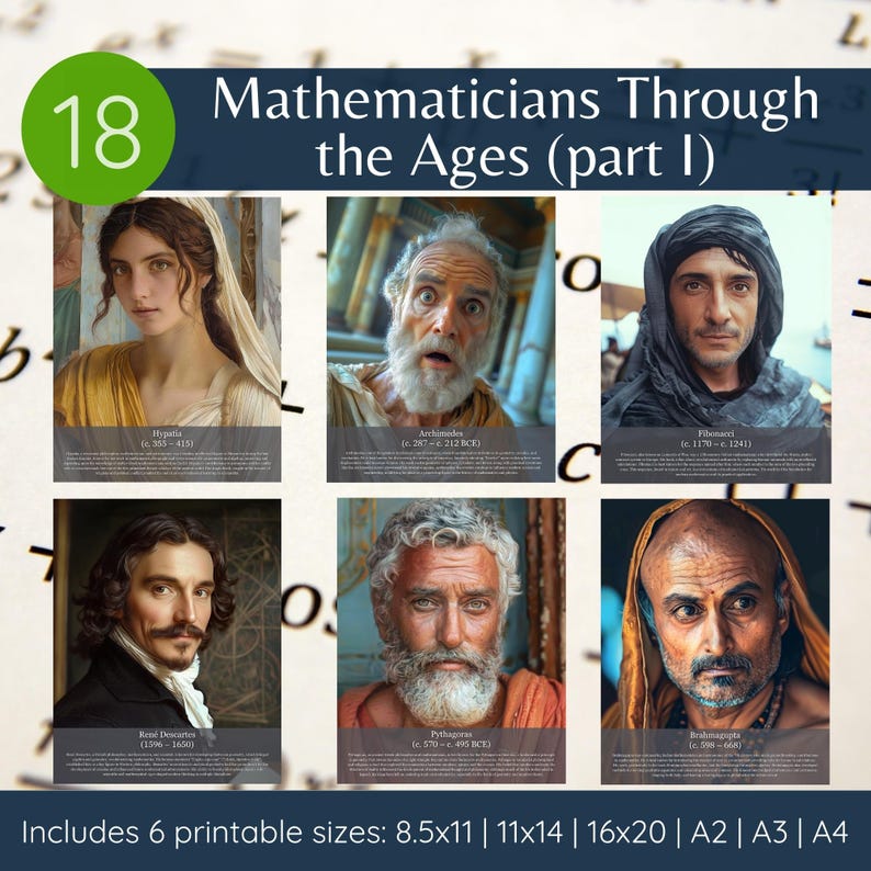 May include: A poster titled "Mathematicians Through the Ages (part I)" featuring portraits of six historical figures, including Hypatia and Archimedes. The poster includes the number 18 in a green circle and offers six printable sizes.
