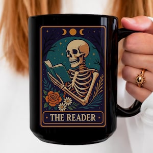 The Reader Tarot Card Mug, Skeleton, Reading Coffee Mug,Book Lover Coffee Cup, Gift for Readers, Book Lover Gift, Funny Gift for book lovers