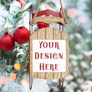 Christmas Sled Ornament Mockup PNG Festive Holiday Sled Ornament Mock-up Digital File Sled Ornament Template Background File for Mockup