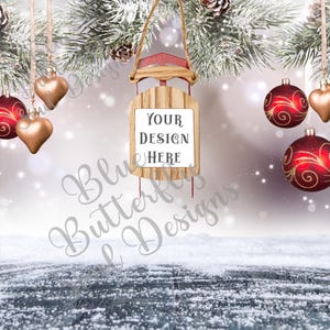 Christmas Sled Ornament Mockup PNG Festive Holiday Sled Ornament Mock-up Digital File Sled Ornament Template Background File for Mockup