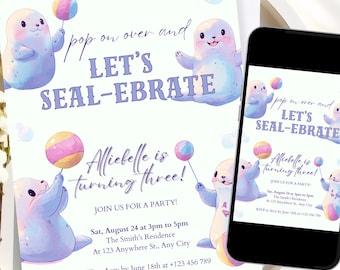 Invito di compleanno modificabile con foca / Invito per una festa con simpatici animali marini / Compleanno per bambini a tema oceano / Download immediato / Modello Canva