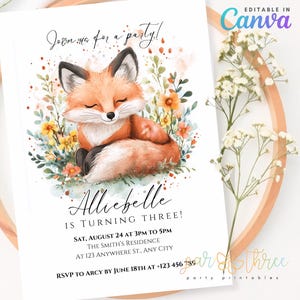 Eerste verjaardagsuitnodiging Little Fox | Bosmeisjesfeestje | Bewerkbare bosdieruitnodiging | Canvassjabloon met bloemen | Digitale download