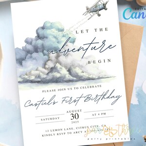 Editable Let the Adventure Begin Birthday Invitation, Blue Adventure Theme Boys Party Invite, Printable Travel Map Airplane Canva Template