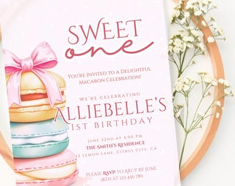 Sweet One Birthday Invitation | Macaron Party Invite | Pastel Dessert Theme | Editable Candy Land Invitation | Digital Download
