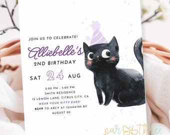 Zwarte kat verjaardagsuitnodiging | Bewerkbare uitnodiging voor kittenfeestje | Ben jij een kitten-thema | Digitale download