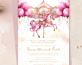 Watercolor Carousel Baby Shower Invitation, Pink Gold Baby Girl Invite, Editable Canva Template
