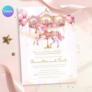 Pink and Gold Carousel Baby Shower Invitation | Editable Girl Carousel Horse Theme | Watercolor Baby Shower Template | Instant Download BSC1