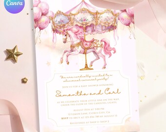 Pink and Gold Carousel Baby Shower Invitation | Editable Girl Carousel Horse Theme | Watercolor Baby Shower Template | Instant Download BSC1