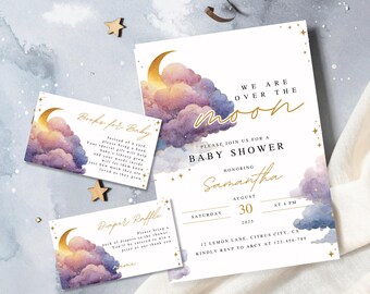 Editable We Are Over the Moon Baby Shower Invitation Bundle, Girl Boy Moon and Stars Invite Set, Twinkle Little Star Digital Template