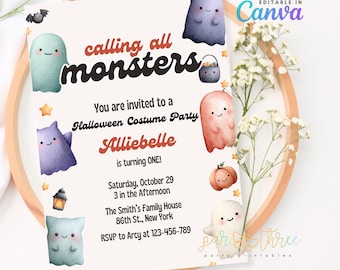 Calling All Monsters Halloween Birthday Invitation | Editable Costume Party Invite | Cute Halloween Birthday | Digital Download