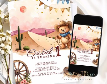 Editable Cowboy Bear Birthday Invitation | Rustic Western Party Template | Cute Country First Rodeo Invite | Digital Download
