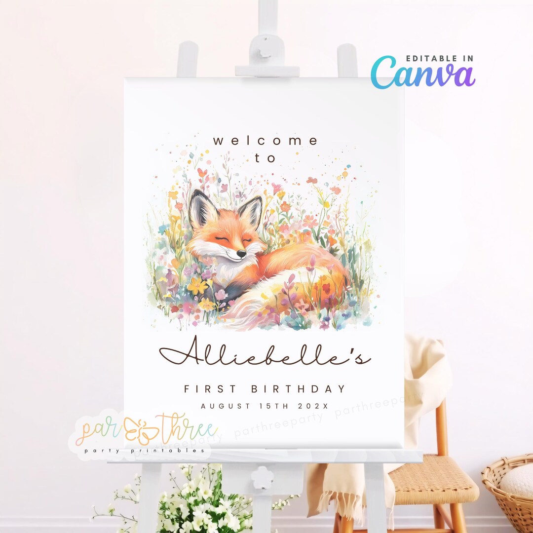 Editable Fox Welcome Sign, Wildflower Woodland Birthday Party Sign ...