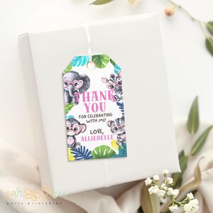 Wild One Safari Merci Tags Fille | Etiquettes pour cadeaux, animaux de la jungle | Modèle modifiable pour l&#39;anniversaire d&#39;une petite fille