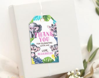 Wild One Safari Danke Tags Mädchen | Jungle Animal Party Favor Tags | Bearbeitbare Vorlage für Baby Girl Geburtstag