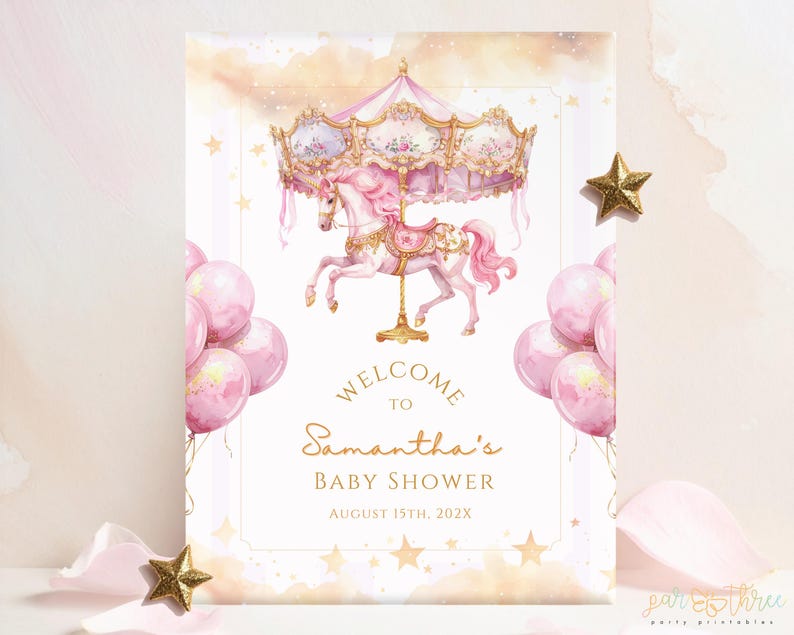 Editable Carousel Welcome Sign Template, Pink Gold Baby Shower Poster ...