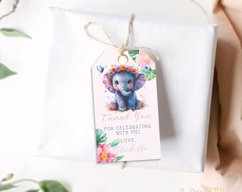 Elefant Danke Tags | Pink Jungle Safari Party Geschenkanhänger | Bearbeitbar Blumen Baby Elefant Tags | Druckbares Geburtstagsetikett