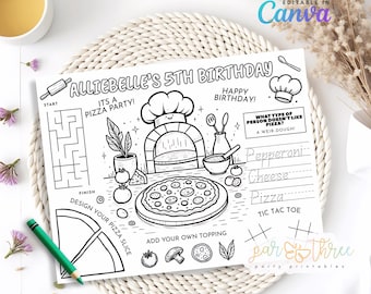 Jogo americano para festa de pizza, desenho de pizza para colorir, atividades de aniversário para crianças, jogo americano personalizado com nome (editável no Canva)