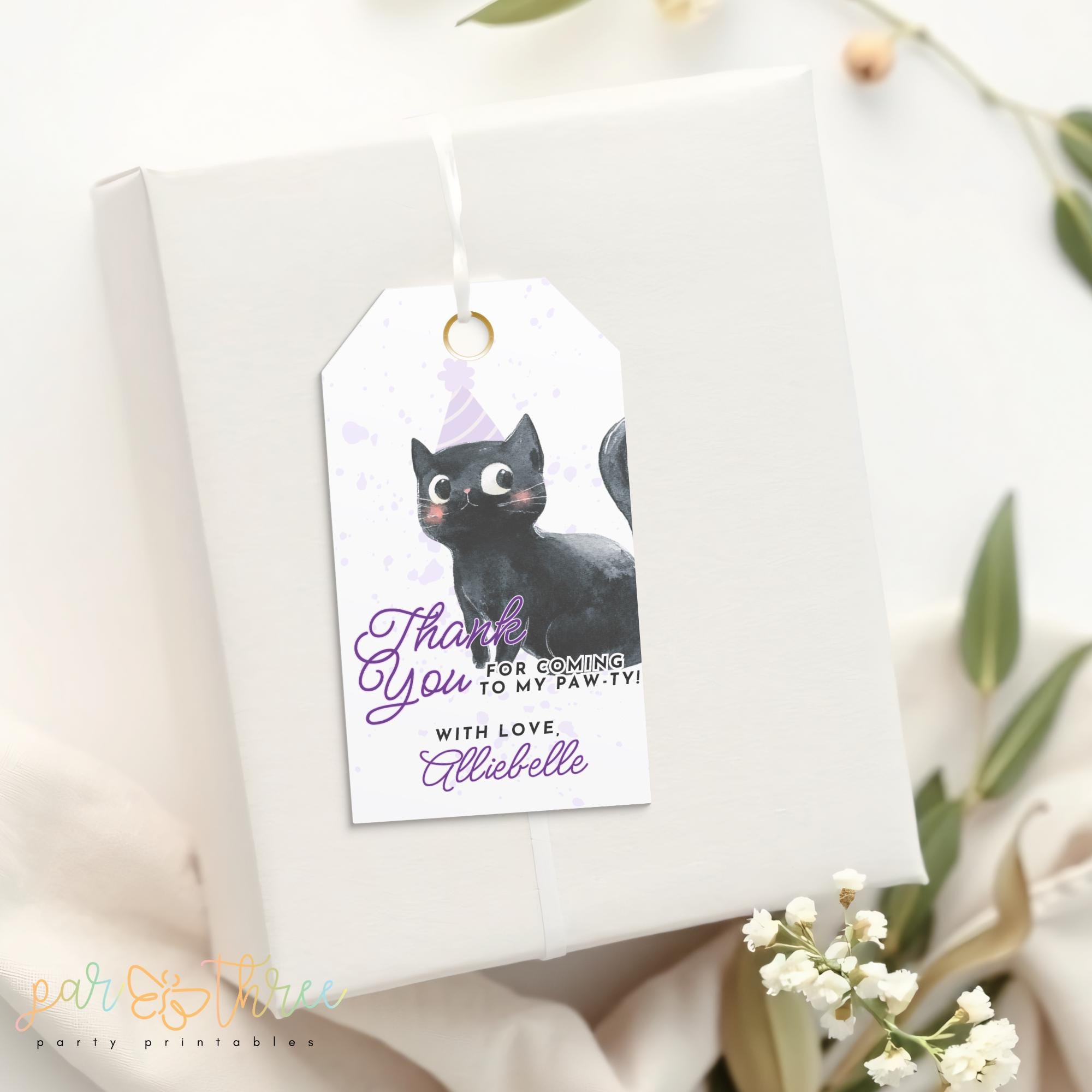 Black Cat Thank You Tag | Editable Kitten Party Favor Tag | Cute Halloween or Cat Birthday Printable | Digital Download