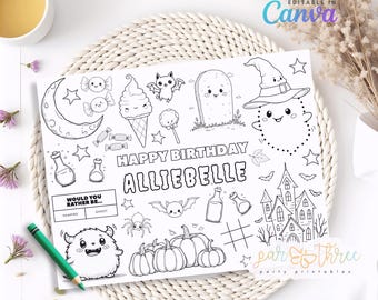 May include: Black and white Halloween-themed coloring page with the text "HAPPY BIRTHDAY ALLIEBELLE". The page features illustrations of a moon, ice cream, bats, a tombstone, a witch, pumpkins, and a monster. The words "Would you rather be... Vampire or Ghost?" are also included.