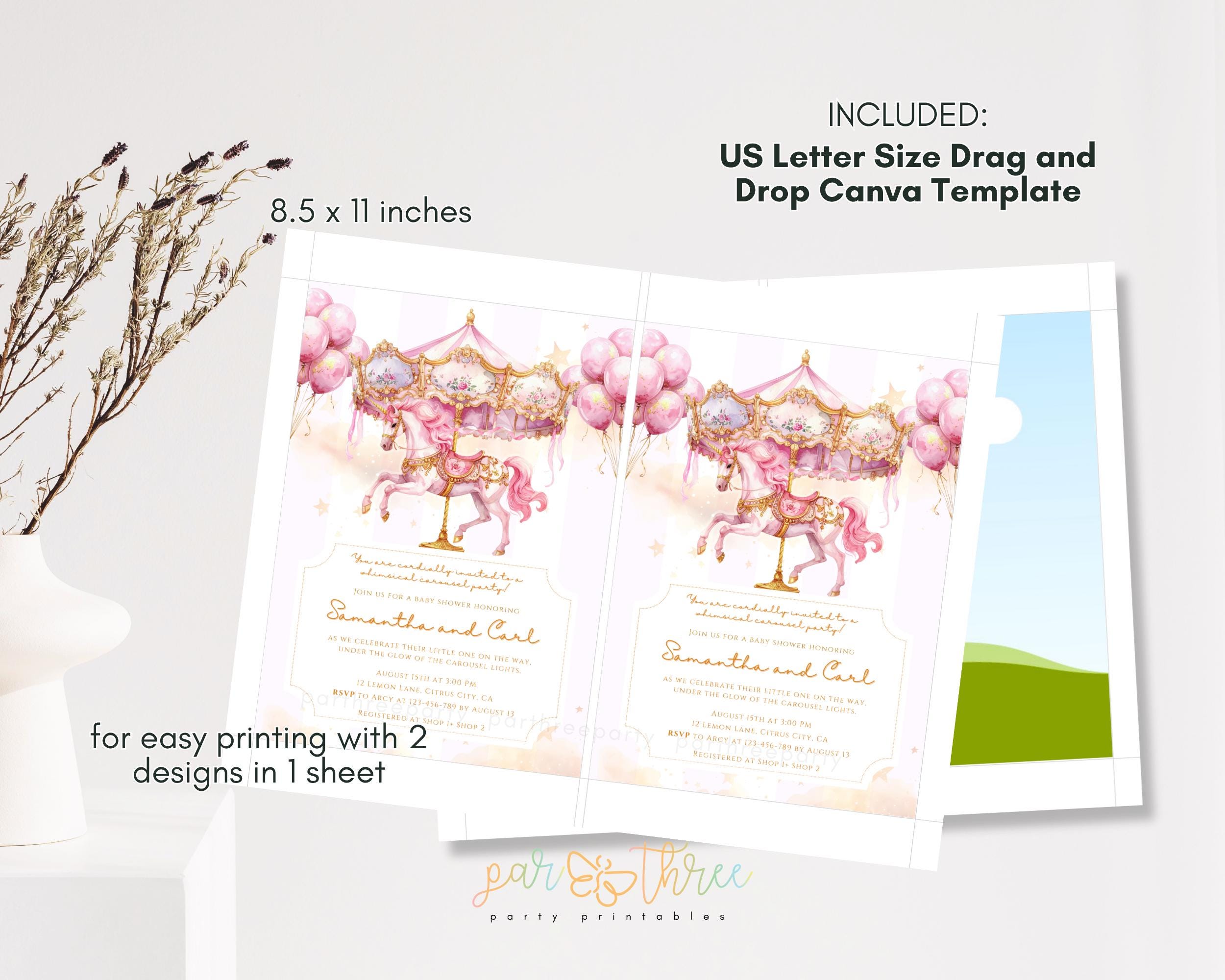 Editable Pink Carousel Baby Shower Invitation Template, Girl Shower ...
