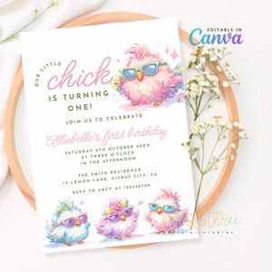 Our Little Chick is One Birthday Invitation | Editable Farm Animal Party Invite | Cute Baby Chick First Birthday | Digital Download