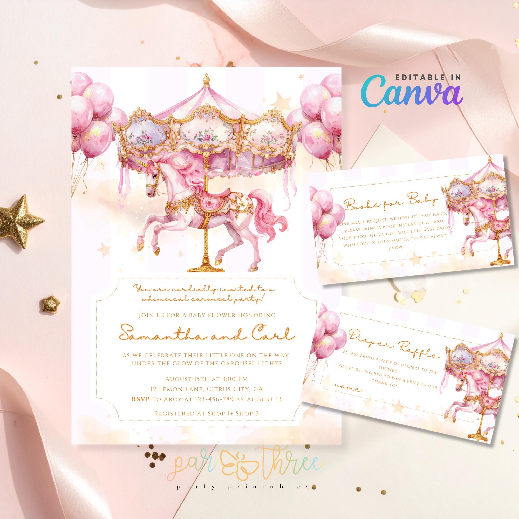 Editable Pink Carousel Baby Shower Invitation Template, Girl Shower ...