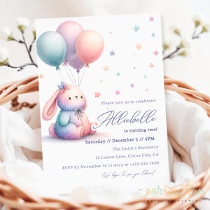 Bunny Birthday Invitation | Pastel Balloon Animal Party Invite | Girl's 1st 2nd 3rd Birthday | Editable Canva Template | Digital Download