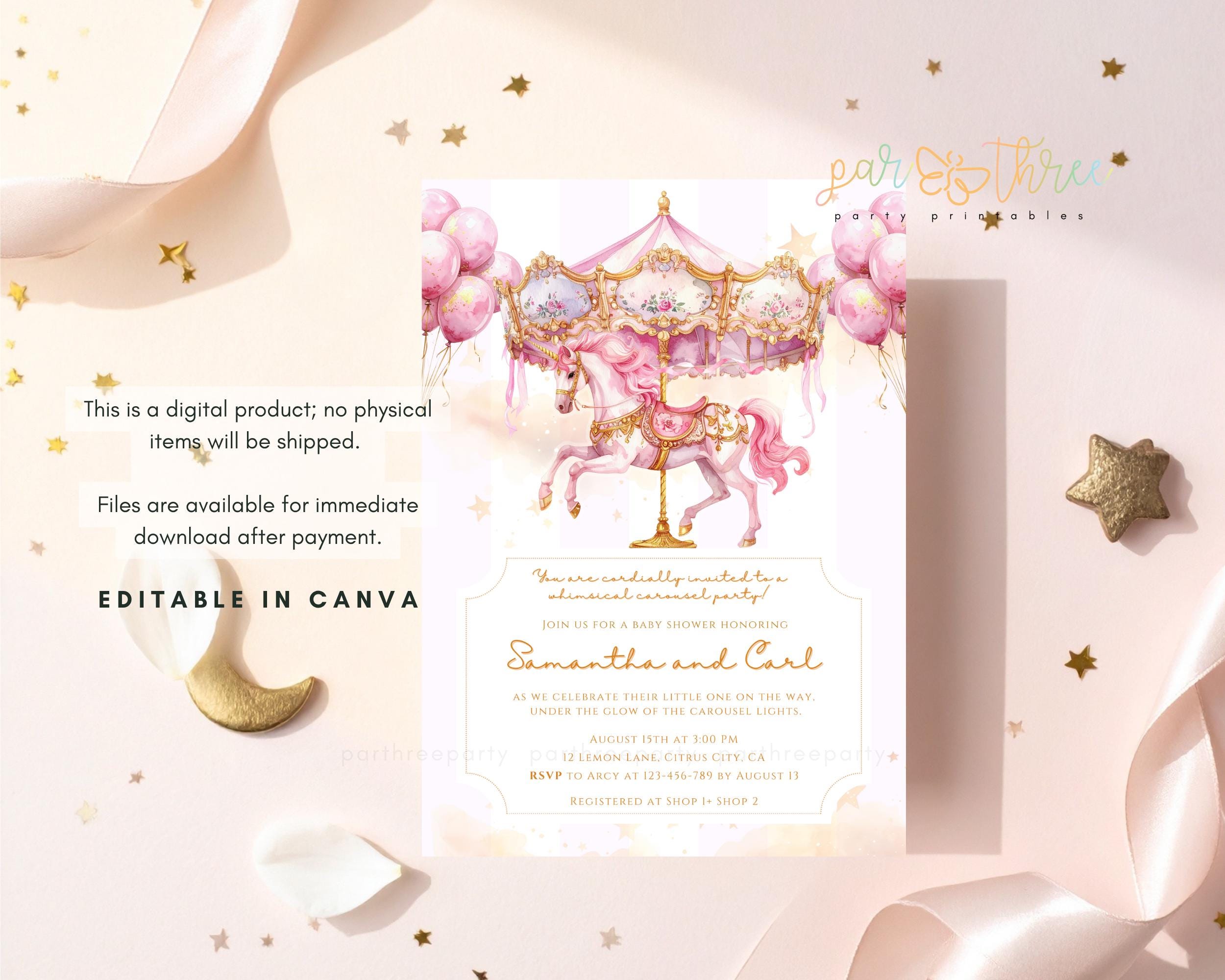 Editable Pink Carousel Baby Shower Invitation Template, Girl Shower ...