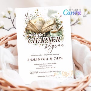 Storybook Baby Shower Invitation Theme | A New Chapter Begins Baby Shower Invite | Green Gender Neutral Book Theme | Canva Digital Template