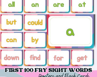 100 Fry Sight Words Flashcards and Posters, PreK to 1st Grade Sight Words, Word Flashcard Printable, Montessori Instant Download Printable