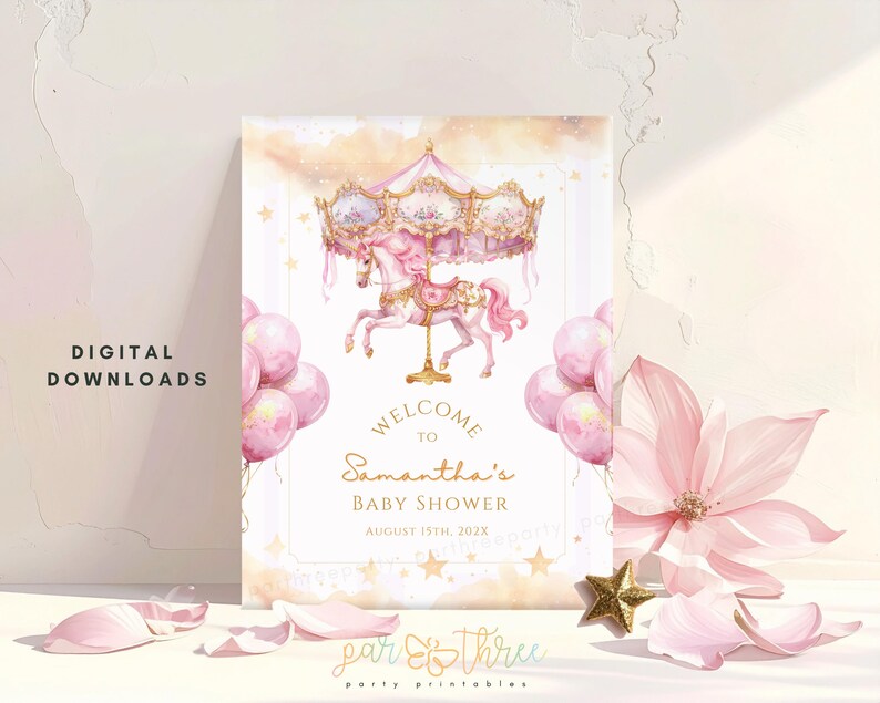 Editable Carousel Welcome Sign Template, Pink Gold Baby Shower Poster ...