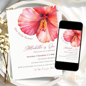Convite de primeiro aniversário com hibisco | Tema Nossa Pequena Flor | Convite floral editável para meninas | Festa Tropical | Download digital