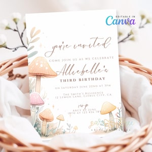 Woodland Mushroom Birthday Invitation | Editable Forest Girl Party Template | Whimsical Nature Theme | Canva Invite | Digital Download