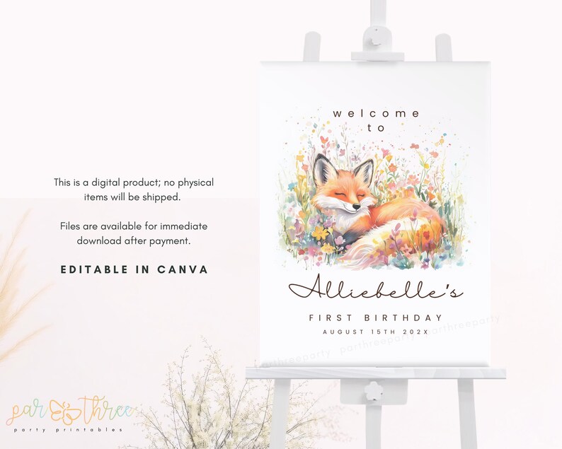 Editable Fox Welcome Sign, Wildflower Woodland Birthday Party Sign ...