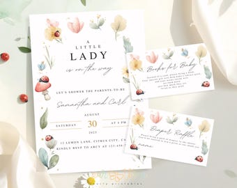 Ladybug Baby Shower Invitation, A Little Ladybug on the Way Girl Invite, Love Bug Canva Template Instant Download BSL1