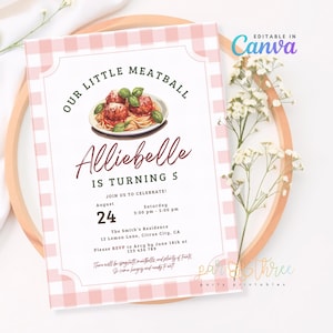Convite de aniversário de almôndega editável, convite para festa de macarrão, convite de aniversário italiano, convite para festa de espaguete, convite digital para impressão