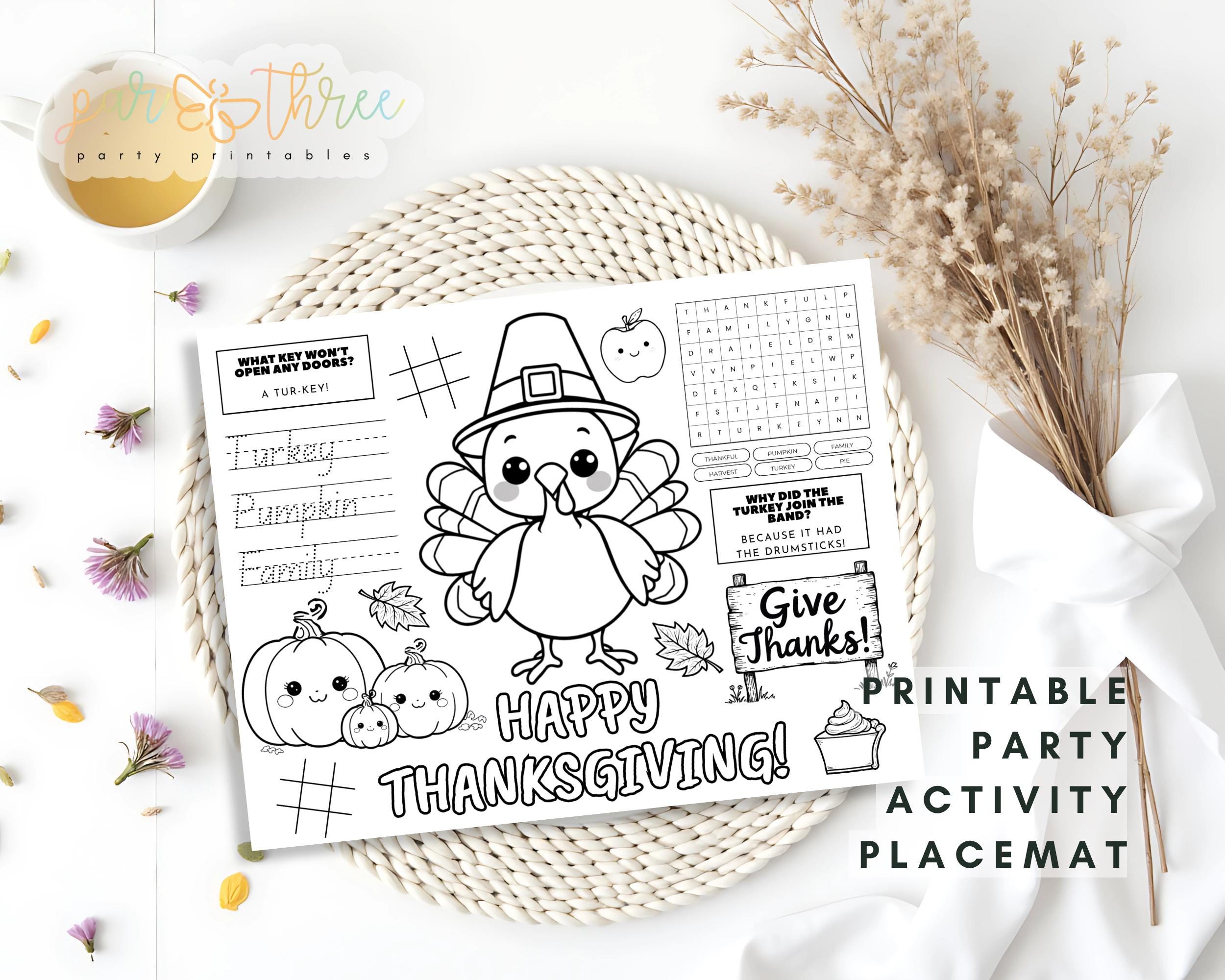 Printable Thanksgiving Coloring Placemat, Kids Activity Sheet, Word ...