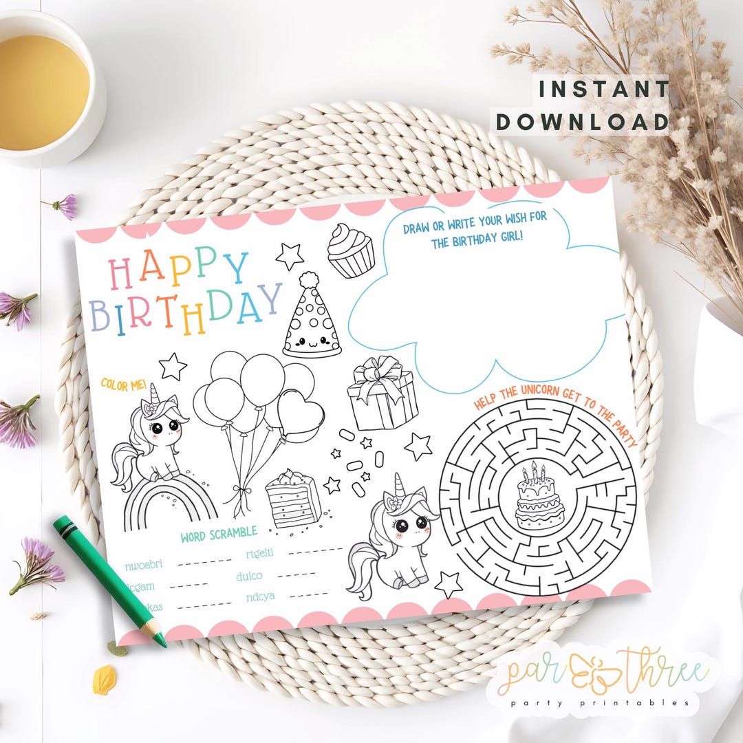 Unicorn Coloring Placemat | Rainbow Birthday Activity Sheet | Kids ...