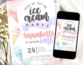 Editable Pastel Ice Cream Birthday Invitation | Sweet Summer Dessert Party Template | Cute Printable Scoop Invite | Digital Download