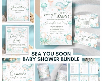 Paquete para Baby Shower Bajo el Mar, Set para Baby Shower "Nos Vemos Pronto", Baby Shower con Tema Oceánico, Plantillas Editables de Canva BSS1